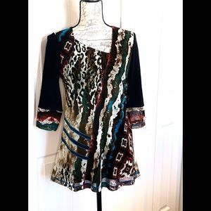 LIOR Paris top w/ asymmetrical neck. Sz.S. Animal prints mixed many bold colors.